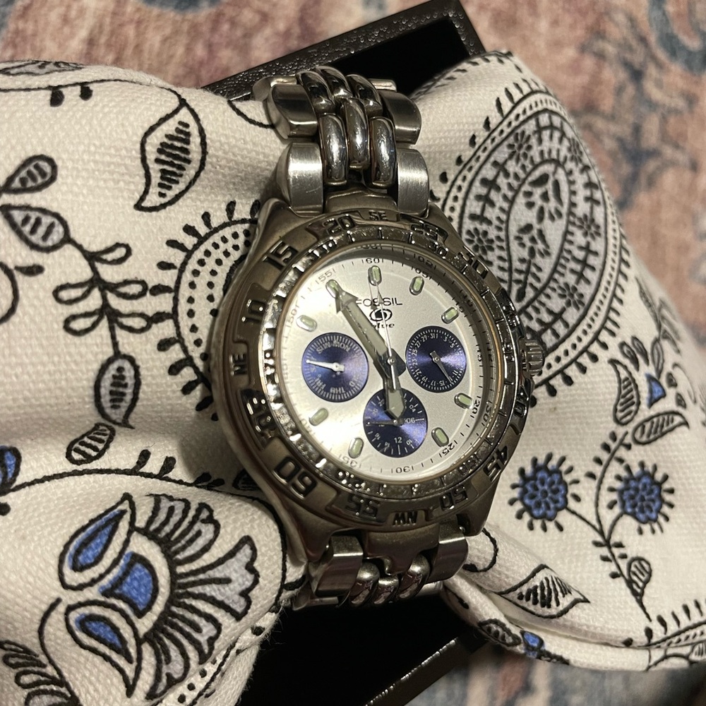 Fossil Silver Watch with Blue Accents
